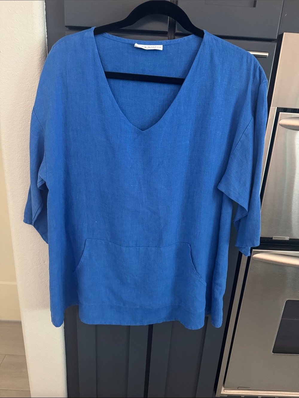 bryn Walker Cobalt Blue Linen V-Neck Tunic with Front Pocket. Pit to Pit 21”.